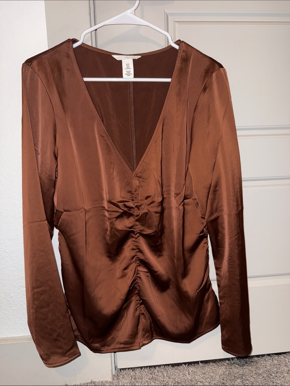 Women’s Satin Ruched V-Neck Top - Brown